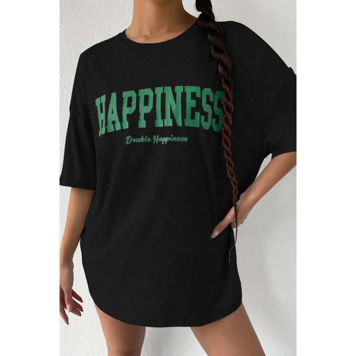 Kadın Oversize Hapiness Baskılı Siyah T-shirt