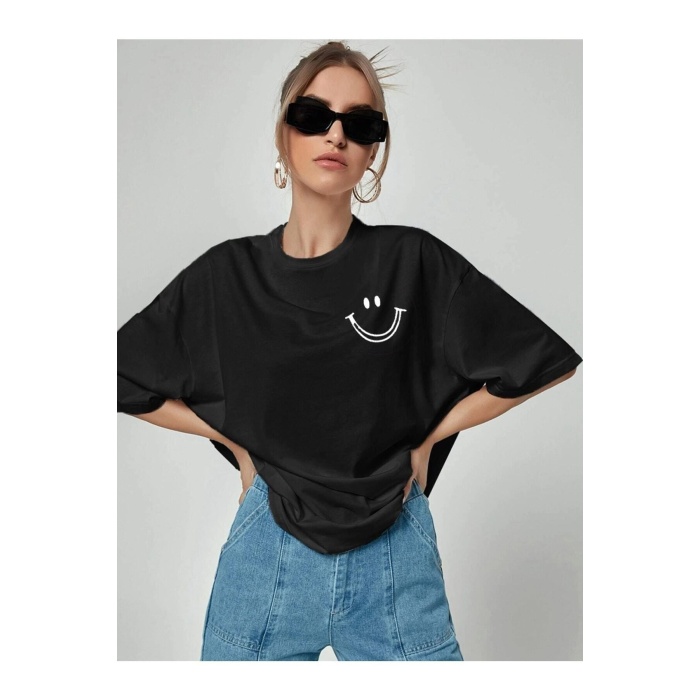 Smile Grafik Baskılı Siyah Oversize Tshirt