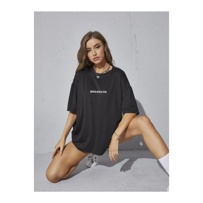 Unisex Brooklyn Siyah Oversize Bisiklet Yaka Baskılı T-shirt