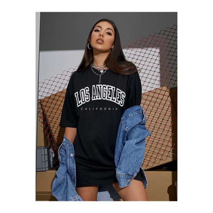 Siyah Losangeles Yazılı Oversize Penye T-shirt