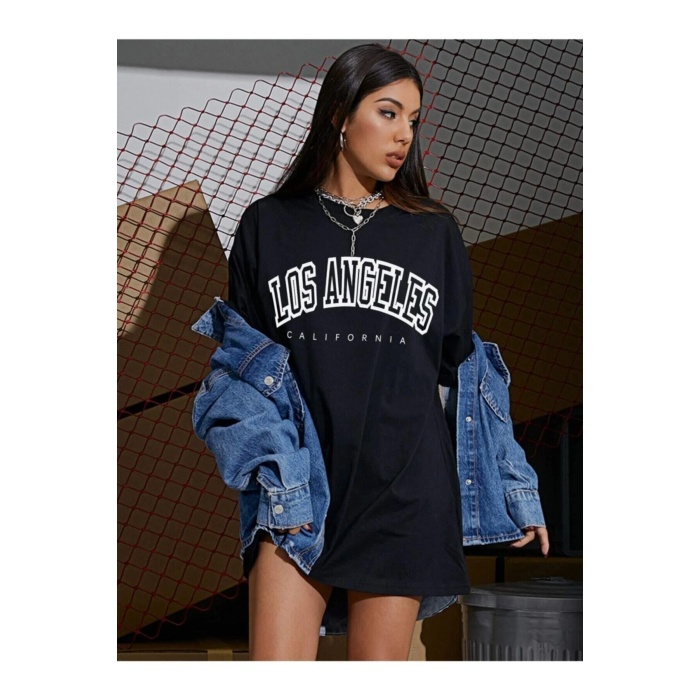 Siyah Losangeles Yazılı Oversize Penye T-shirt