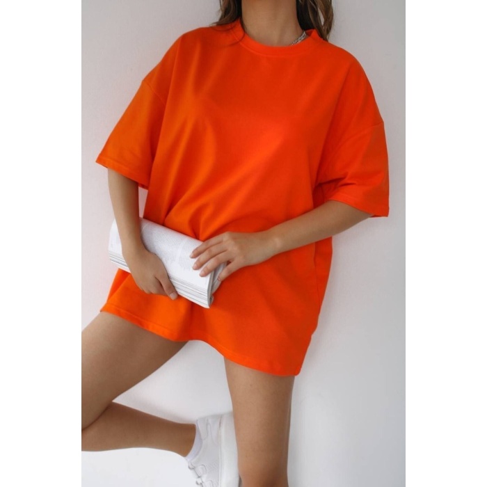 Unisex Portakal Turuncu Orange Spor Bisiklet Yaka Pamuk Oversize Boyfriend T-shirt