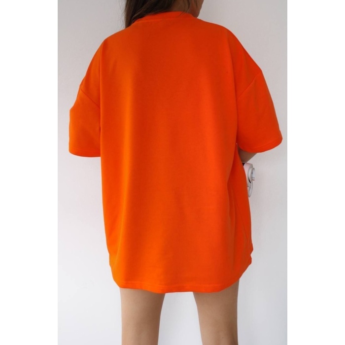 Unisex Portakal Turuncu Orange Spor Bisiklet Yaka Pamuk Oversize Boyfriend T-shirt