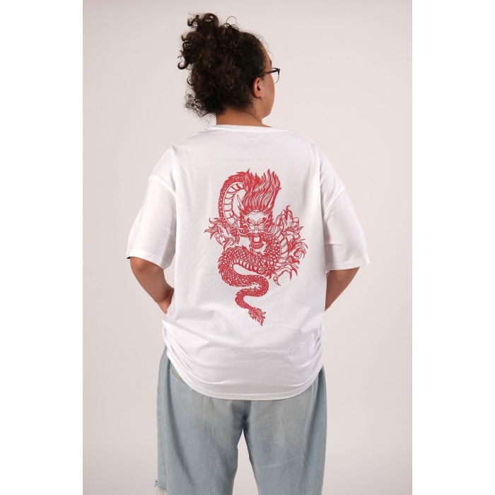 Oversize Dragon Baskılı Beyaz Tshirt