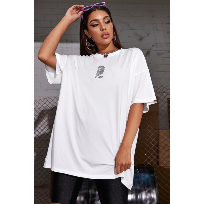 Azurco Oversize Plato Baskılı Beyaz Tshirt