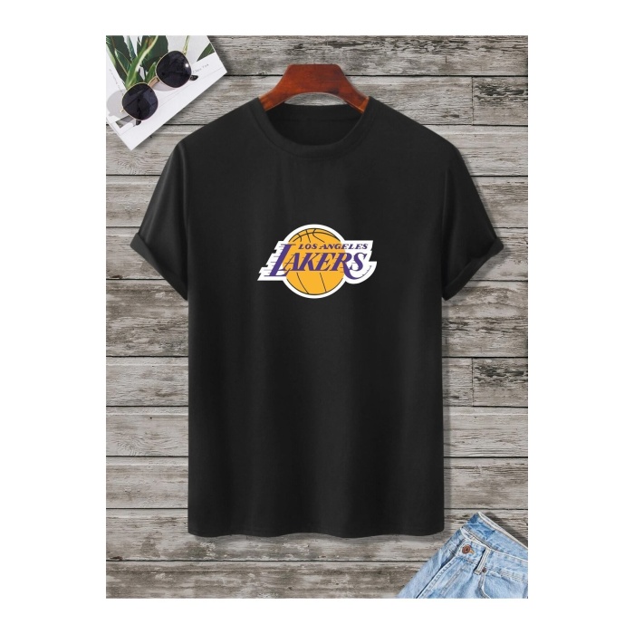 Unisex Lakers Siyah Oversize Bisiklet Yaka Baskılı T-shirt