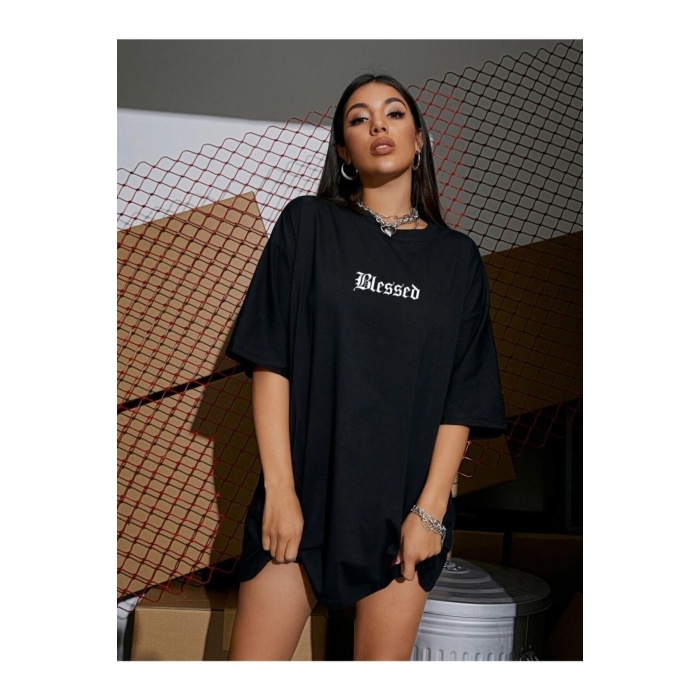 Siyah Blessed Yazılı Oversize Penye T-shirt