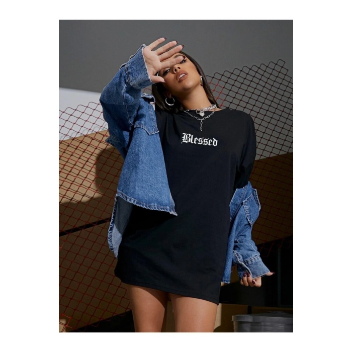 Siyah Blessed Yazılı Oversize Penye T-shirt