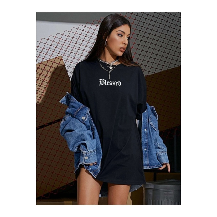 Siyah Blessed Yazılı Oversize Penye T-shirt