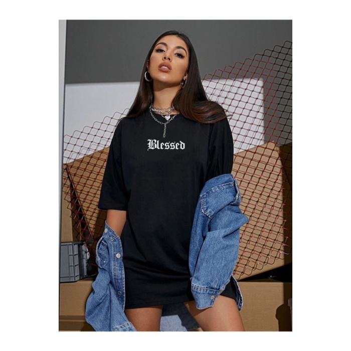 Siyah Blessed Yazılı Oversize Penye T-shirt