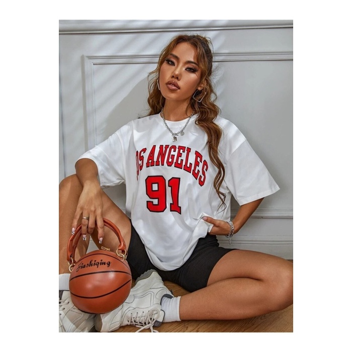 Beyaz Los Angeles 91 Yazılı Oversize Penye T-shirt