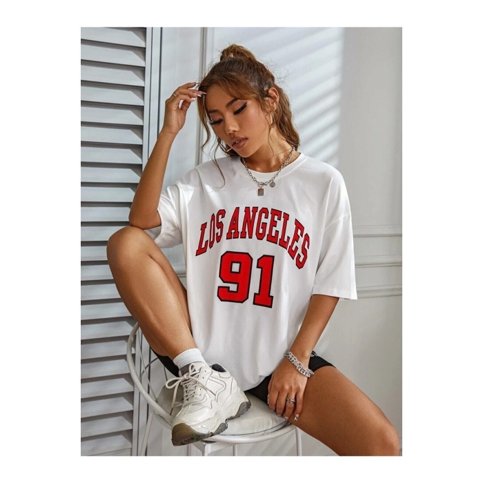 Beyaz Los Angeles 91 Yazılı Oversize Penye T-shirt