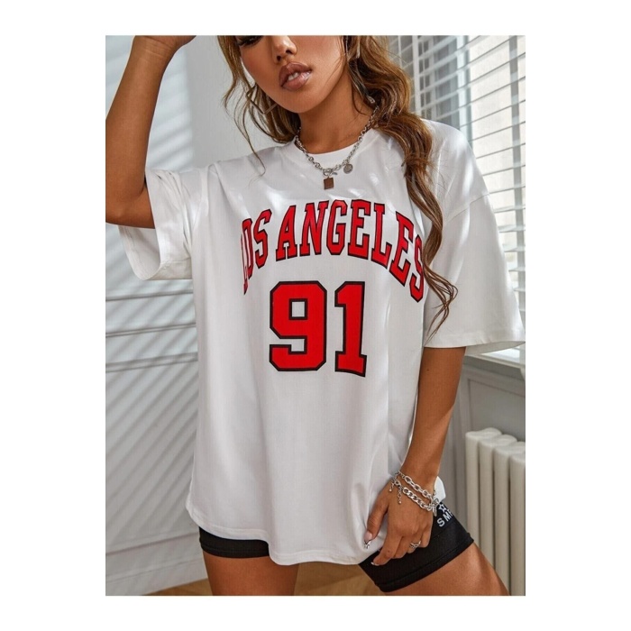 Beyaz Los Angeles 91 Yazılı Oversize Penye T-shirt