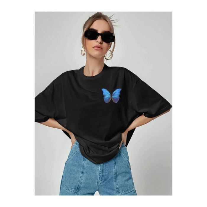 Blue Butterfly Baskılı Oversize Pamuk Penye Kumaş Siyah Tshirt