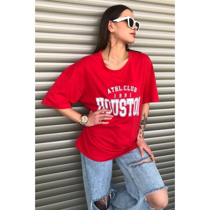 Kırmızı Houston Logo Baskılı Oversize Kadın T-shirt