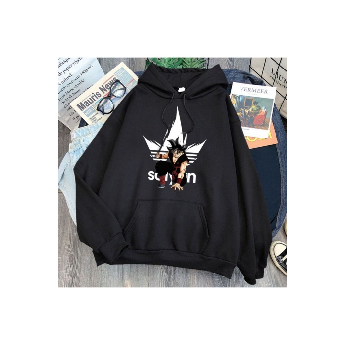 Unisex Black Goku Hoodie Baskılı Sweatshirt