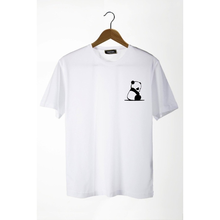 Unisex Beyaz Önü Panda Baskılı Bisiklet Yaka Oversize Kalıp Basic Pamuklu T-shirt