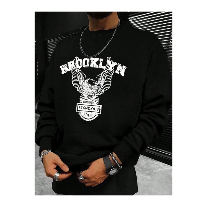 Unisex Brooklyn Yazılı Kartal Baskılı Sweatshirt