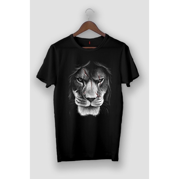 Unisex Siyah Keskin Çizim Aslan Görselli Vip Tasarım Tshirt