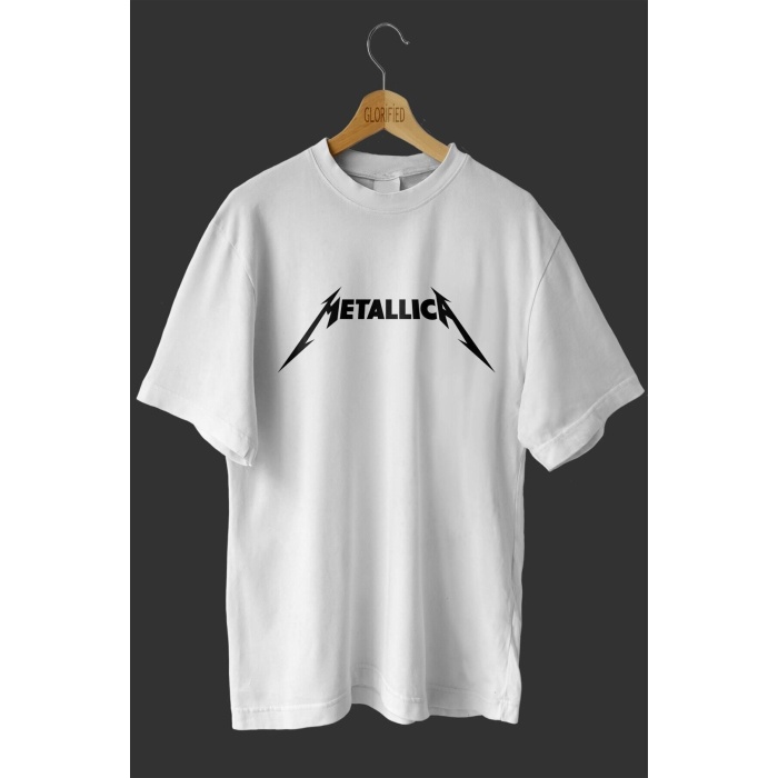 Unisex Beyaz Metallica Baskılı Oversize T-Shirt