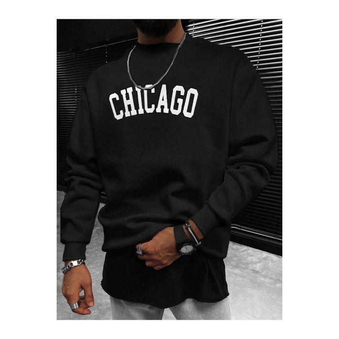 Unisex Bisiklet Yaka Chicago Yazılı Sweatshirt