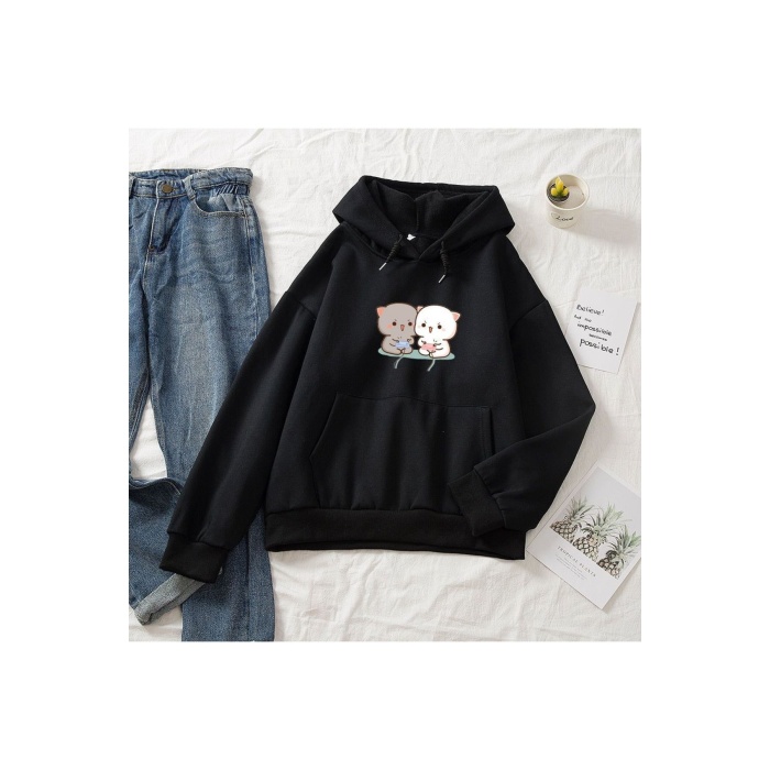 Unisex Sevimli Kedi Baskılı Sweatshirt