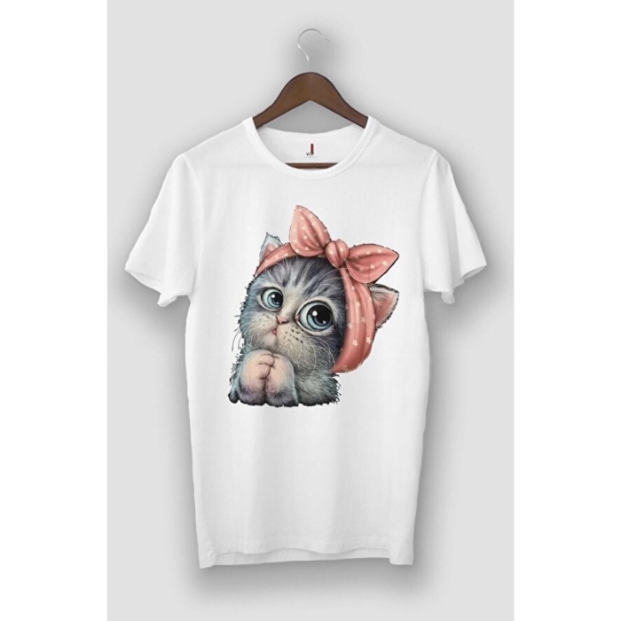 Oversize Kadın Beyaz Sevimli Minik Kedi Baskılı T-shirt