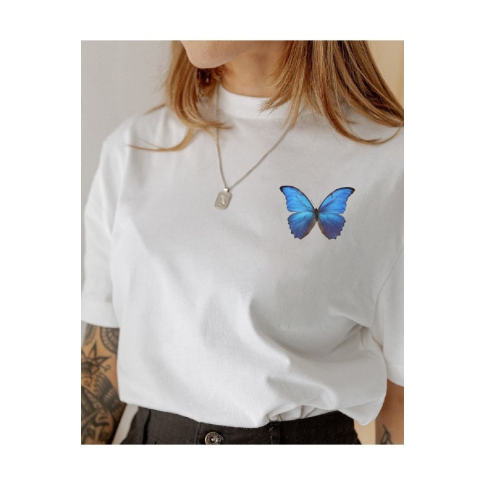 Blue Butterfly Baskılı Oversize Pamuk Penye Kumaş Beyaz Tshirt