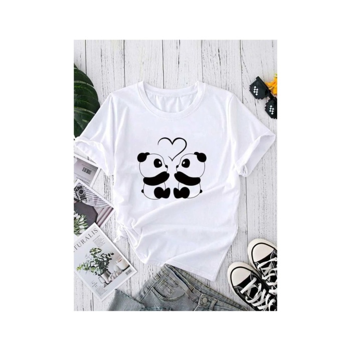 Unisex Love Panda Baskılı Tshirt