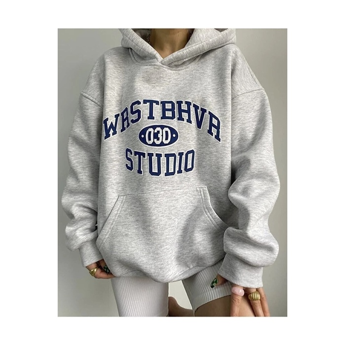 Unisex Gri Wrstbhrv Baskılı Oversize Kapüşonlu Sweatshirt