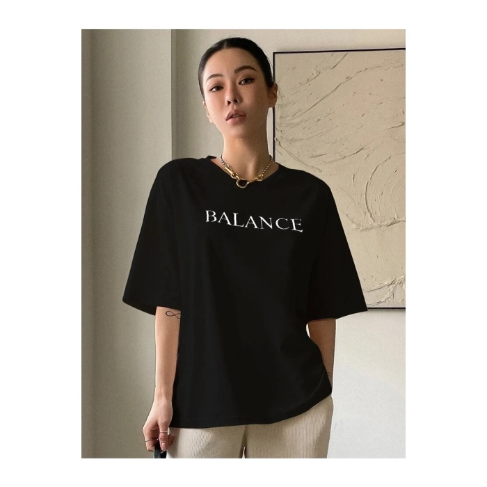 Kadın Siyah Balance Baskılı T-shirt