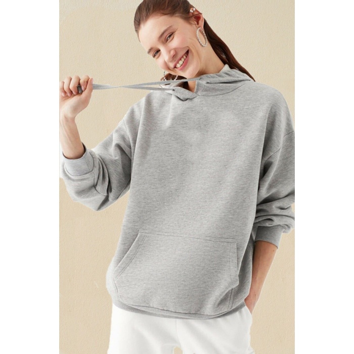 Düz Gri Kapşonlu Oversize Sweatshirt Pamuklu