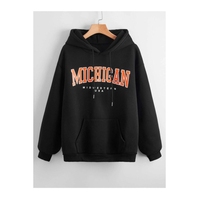 Unisex Siyah Michigan Yazılı Baskılı Sweatshirt