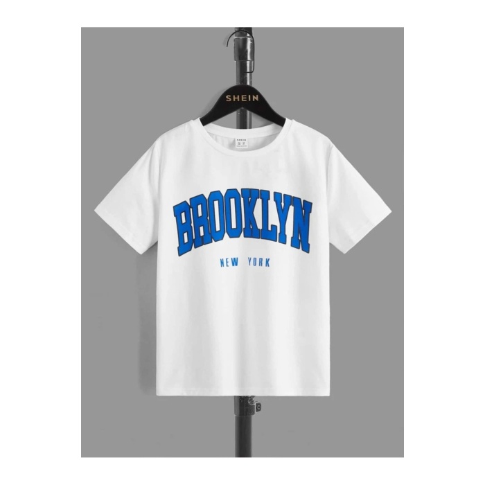 Brooklyn New York Beyaz T-Shirt Sax Mavi Şort - Şortlu Tişört Alt Üst Takım Baskılı Bisiklet Yaka