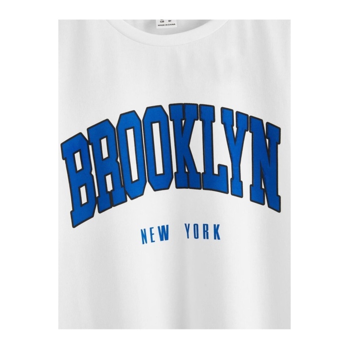 Brooklyn New York Beyaz T-Shirt Sax Mavi Şort - Şortlu Tişört Alt Üst Takım Baskılı Bisiklet Yaka