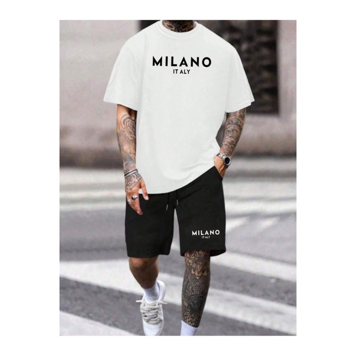 2li Milano Baskılı Şort T-shirt Takım Beyaz Tişört Siyah Şort Takım