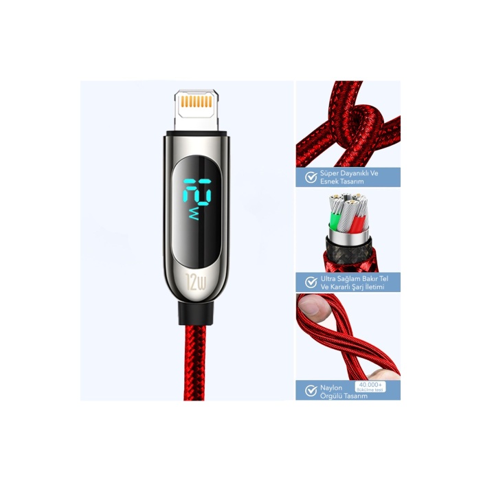 12w Lightning To Usb Dijital Ekranlı Hızlı Şarj Kablosu 1.2m (Rosstech Türkiye Garantili)