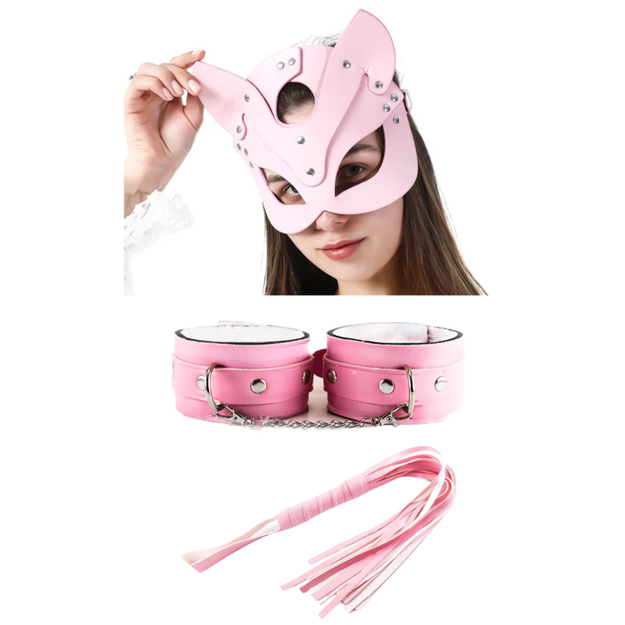 Fantezi Deri Seksi Pembe Kedi Maske Kelepçe Kırbaç Seti ( 3lü set) BC5368