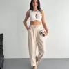 Kadın Yüksel Bel Rahat Paça Pantalon - Kırık Beyaz
