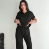 Osy Modal Yumuşak Dokulu Kumaş Kısa Kollu Yakalı T-shirt Pantalon ikili Takım- Siyah