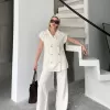 Keten Sıfır Kol Blezer Ceket Pantolon ikili Takım- Beyaz