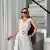 Keten Kemerli Uzun Elbise - Beyaz