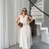 Keten Kemerli Uzun Elbise - Beyaz