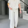 Keten Kısa Kollu Gömlek Pantolon ikili Takım - Beyaz