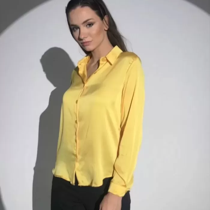 Kadın Uzun Kollu Düğmeli Buluz Gömlek - Sarı