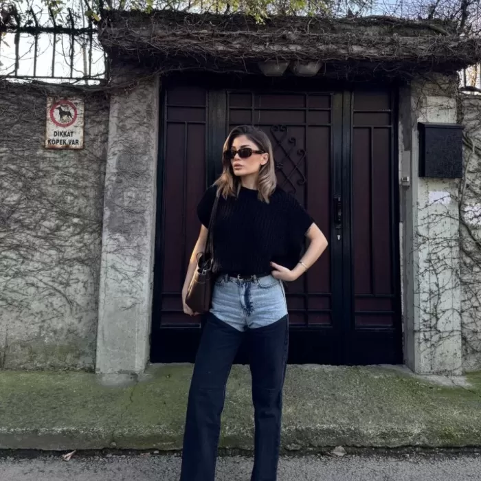 Kadın Jeans Kot Parçalı Palazzo Pantolon - Siyah