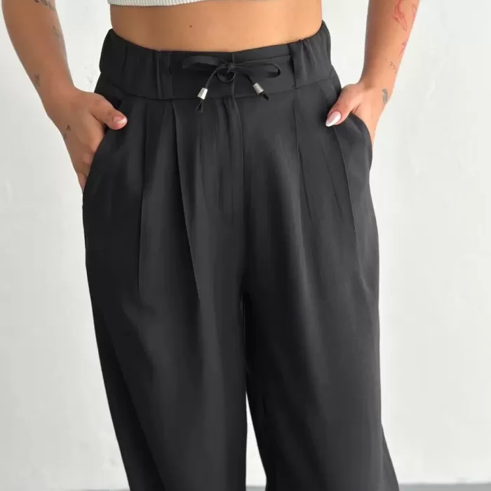Kadın Yüksel Bel Rahat Paça Pantalon - Siyah