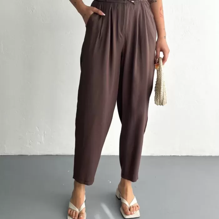 Kadın Yüksel Bel Rahat Paça Pantalon - Kahverengi