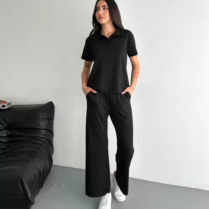 Osy Modal Yumuşak Dokulu Kumaş Kısa Kollu Yakalı T-shirt Pantalon ikili Takım- Siyah