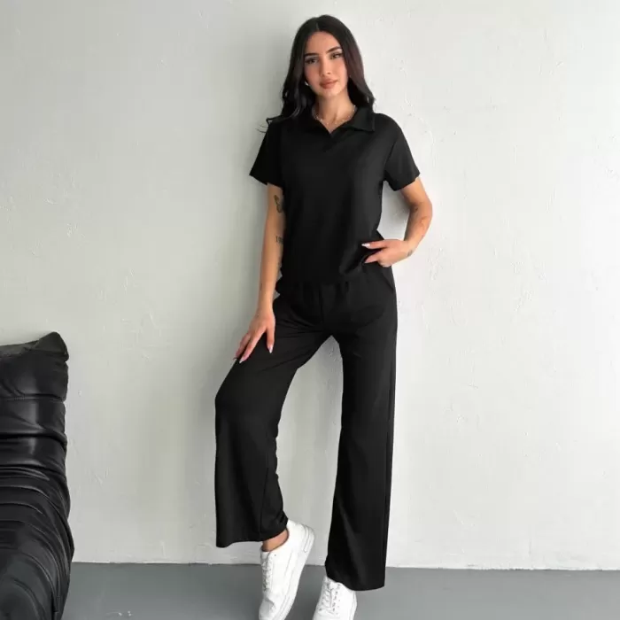 Osy Modal Yumuşak Dokulu Kumaş Kısa Kollu Yakalı T-shirt Pantalon ikili Takım- Siyah